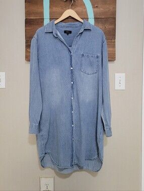 Quince Light Blue Distressed Denim Cotton Long Sleeve Shirt Dress Size XL